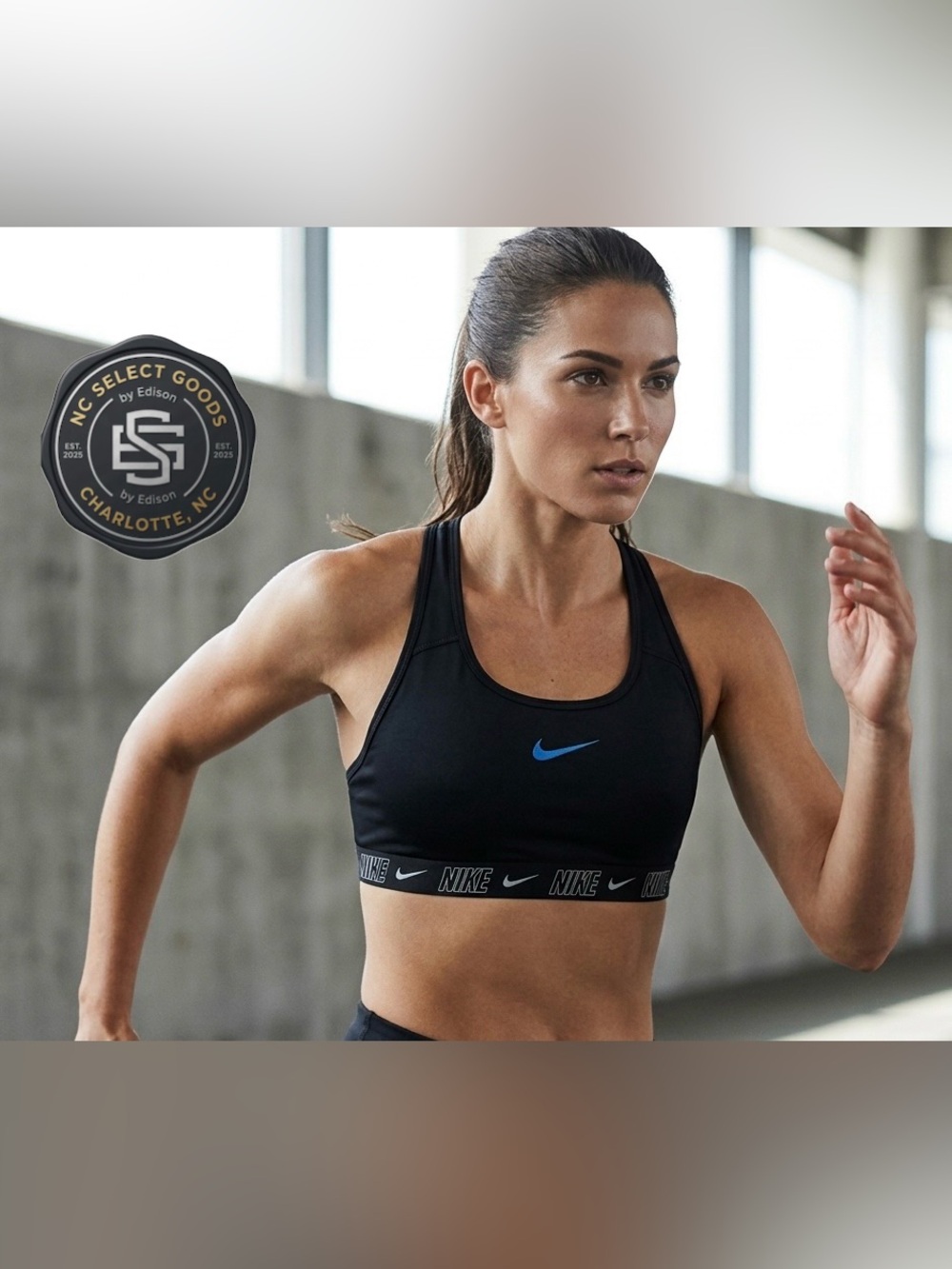 Nike Dri-Fit Swoosh Racerback Sports Bra Black Blue Logo Size XL Athletic Gym